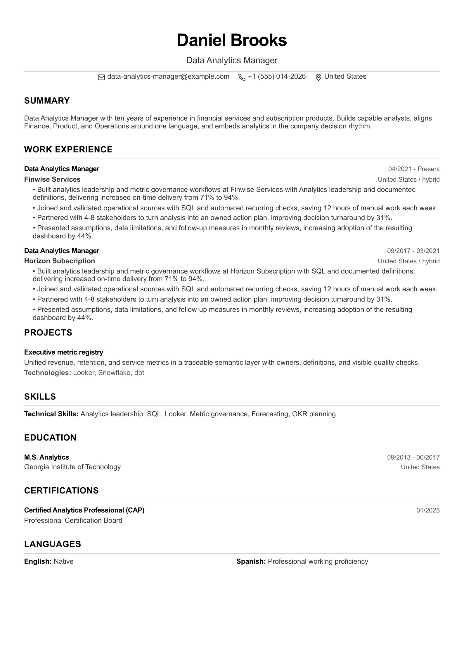 Data Analytics Manager Resume Example - English example