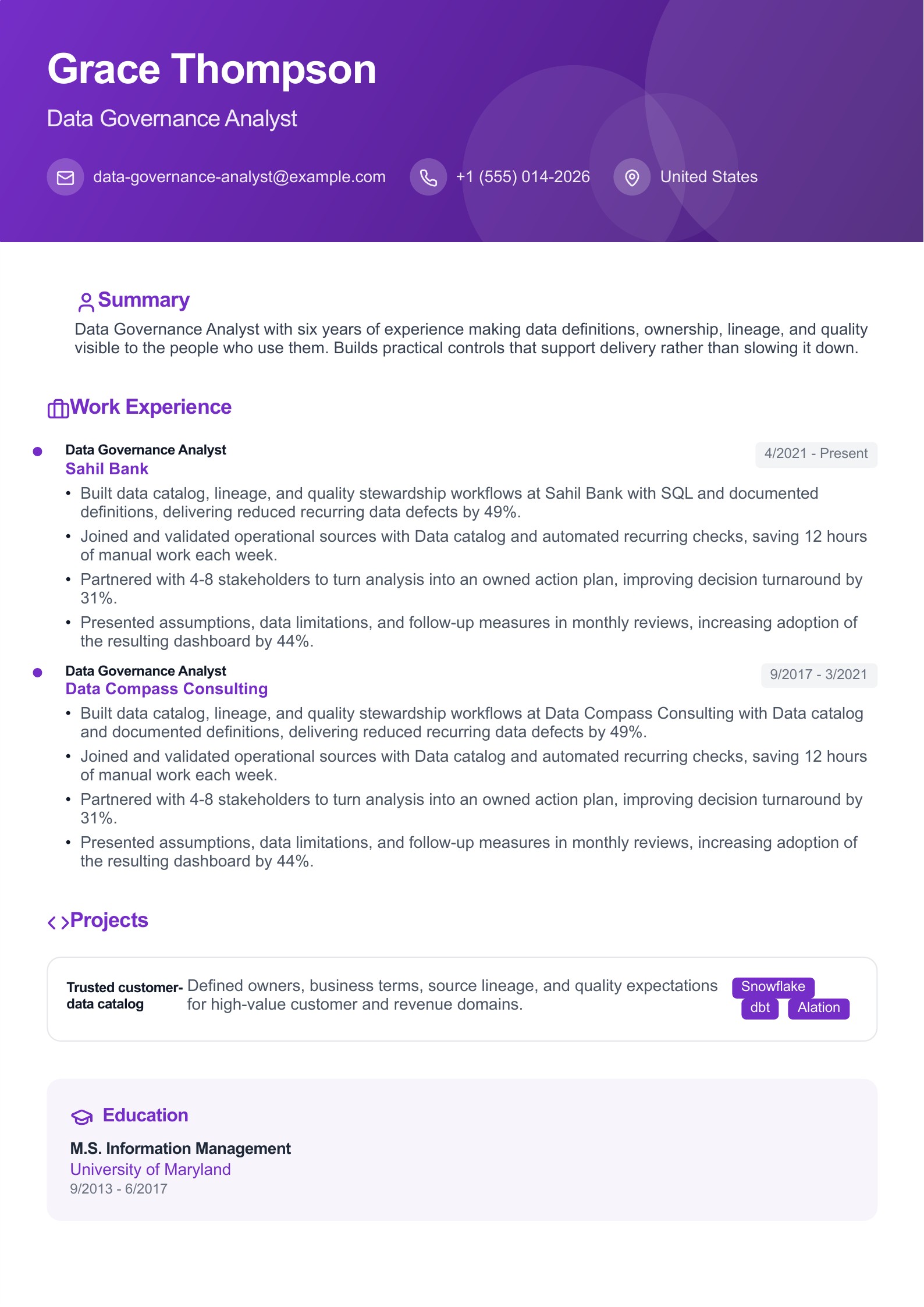 Data Governance Analyst Resume Example - English example