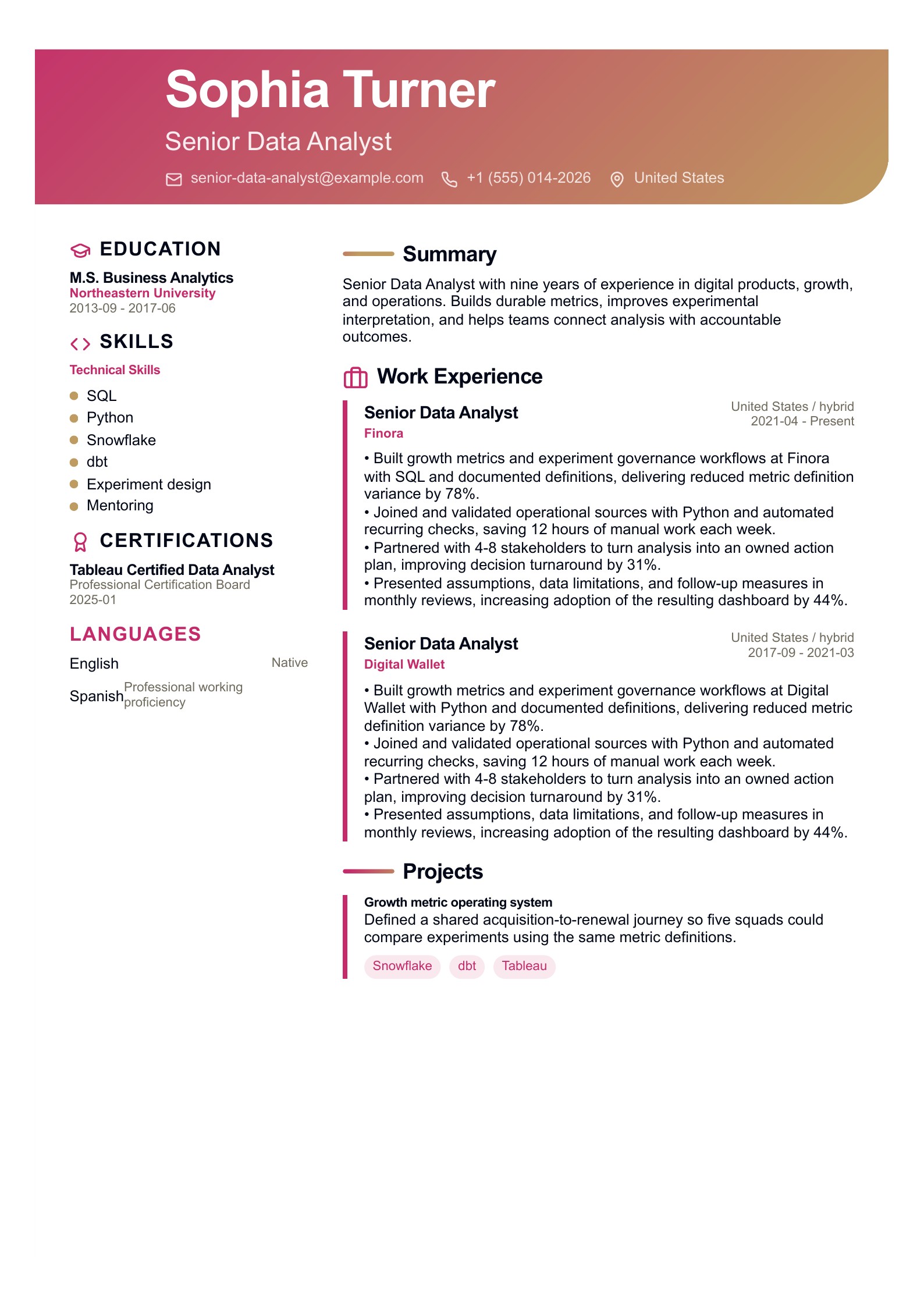 Senior Data Analyst Resume Example - English example