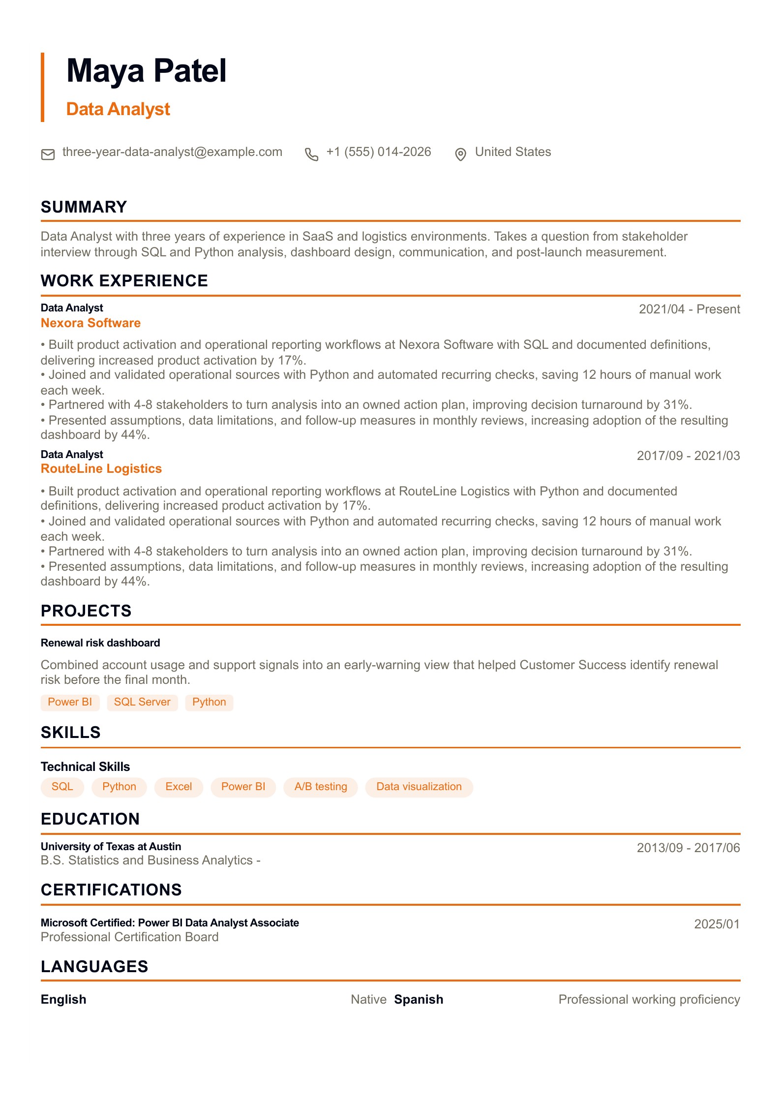 Data Analyst Resume Example - 3 Years of Experience - English example