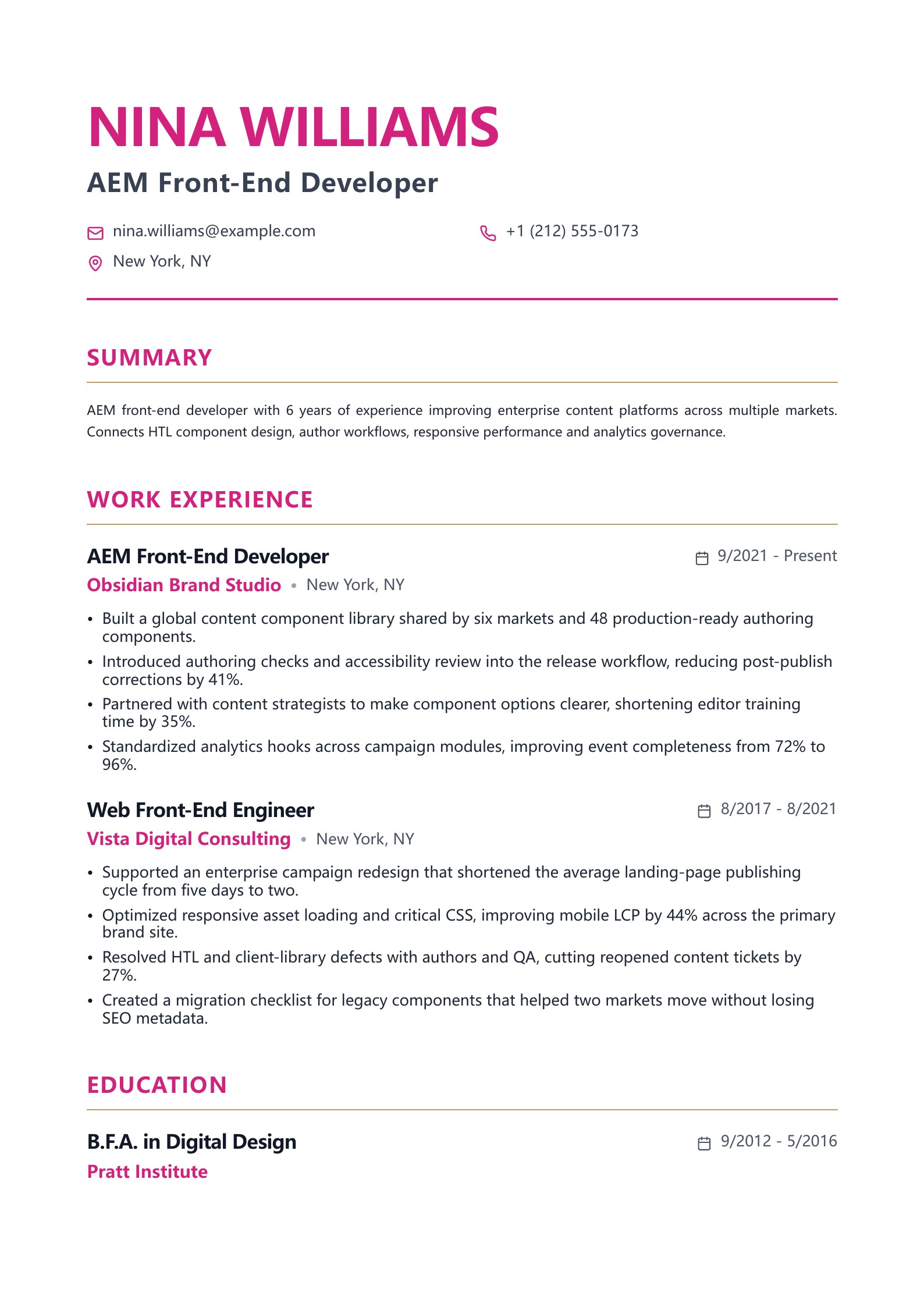 AEM Front-End Developer Resume - English example