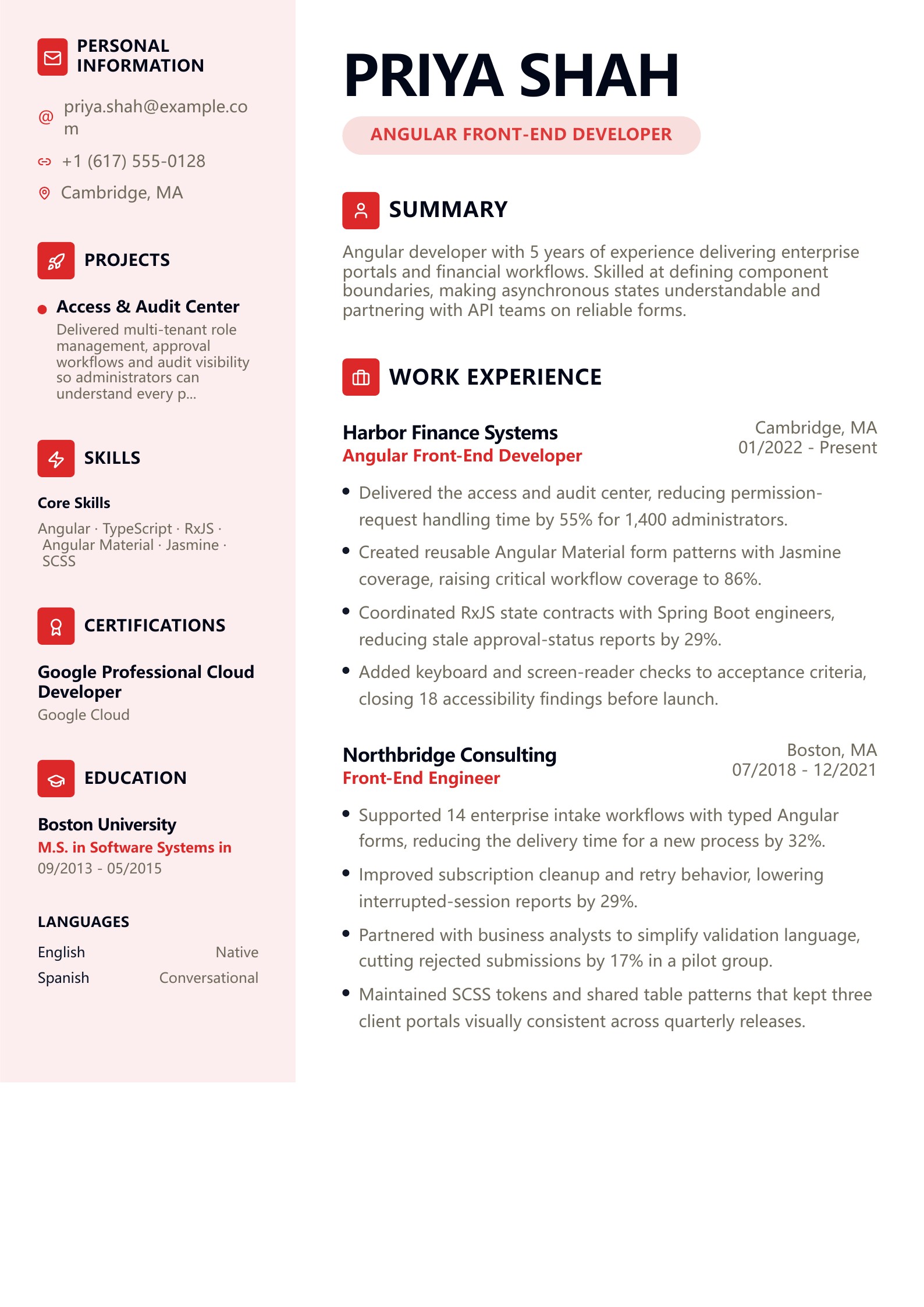 Angular Front-End Developer Resume - English example