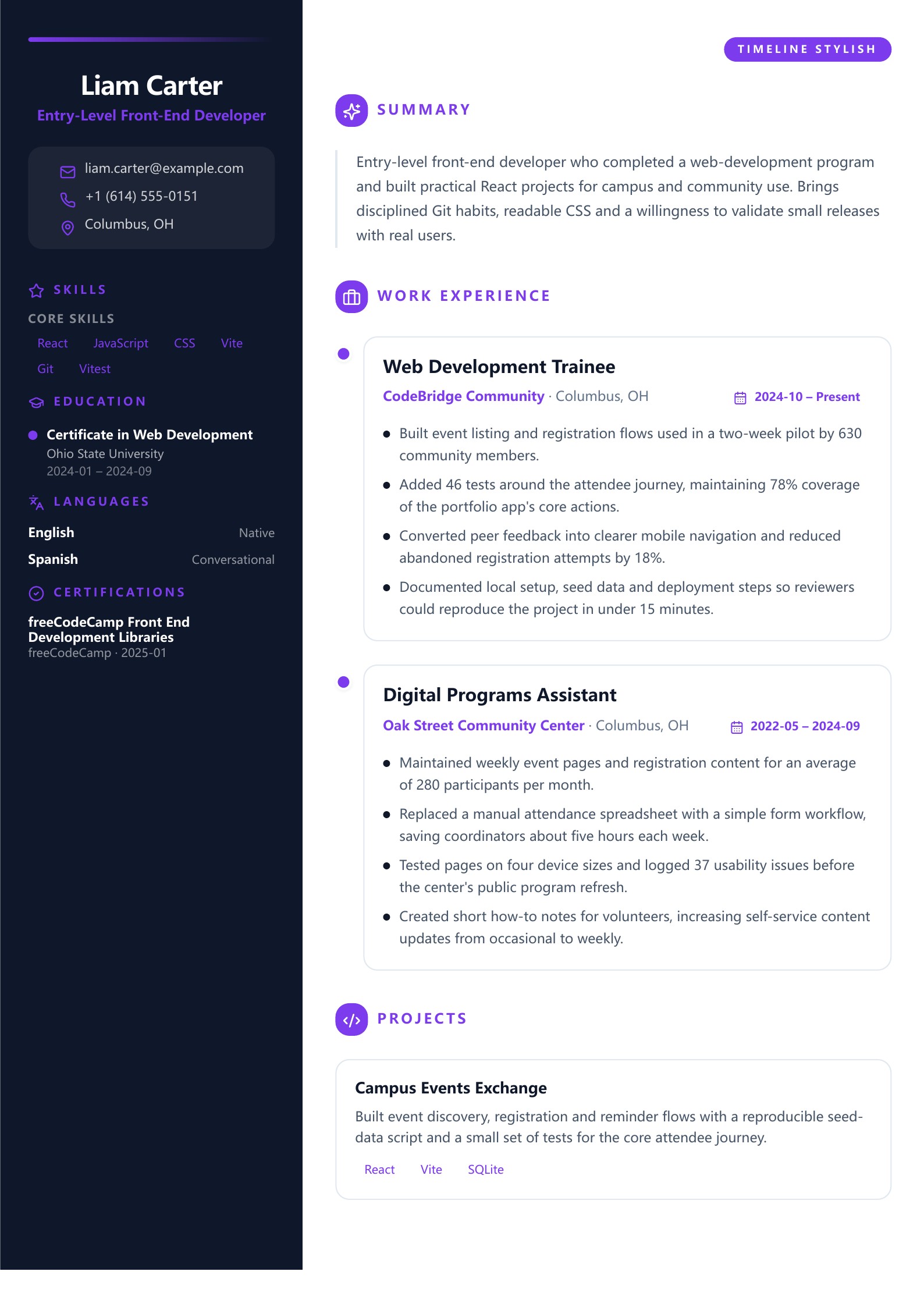 Entry-Level Front-End Developer Resume - English example