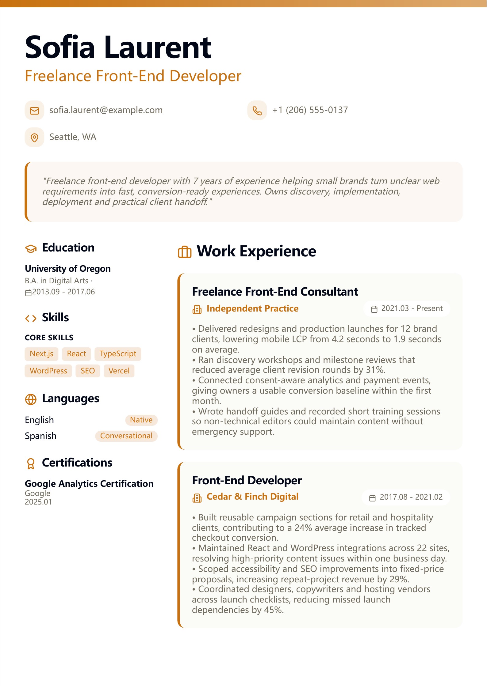 Freelance Front-End Developer Resume - English example