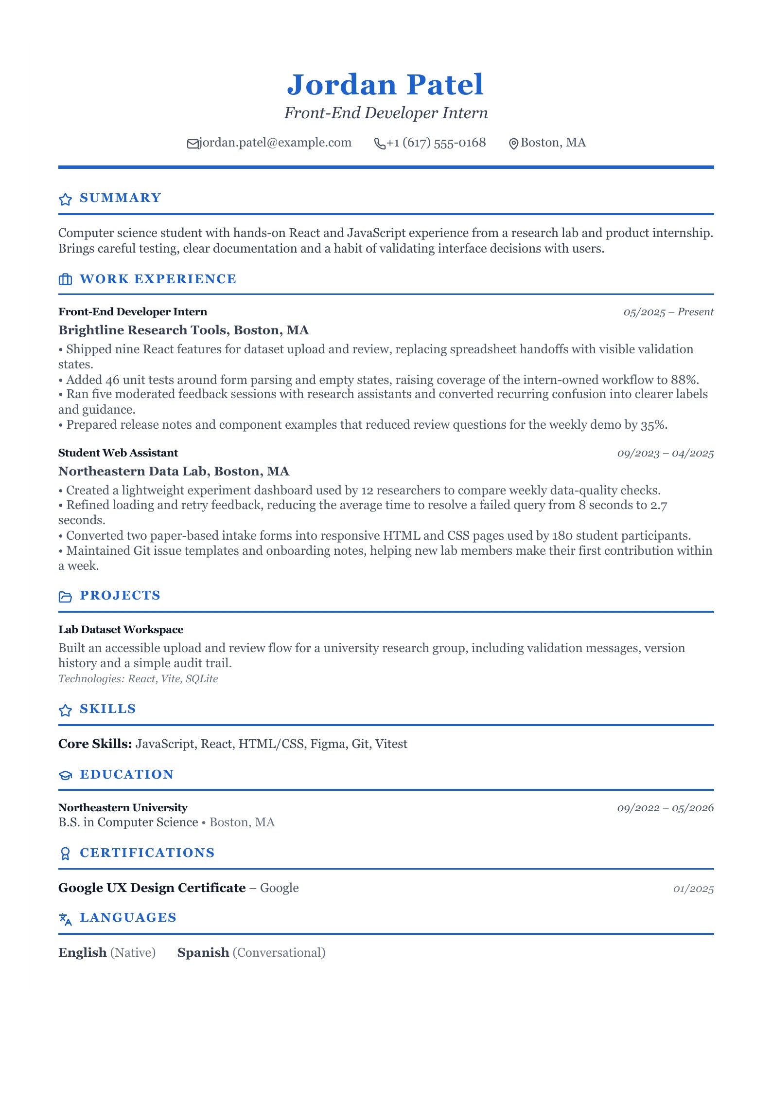 Front-End Developer Intern Resume - English example