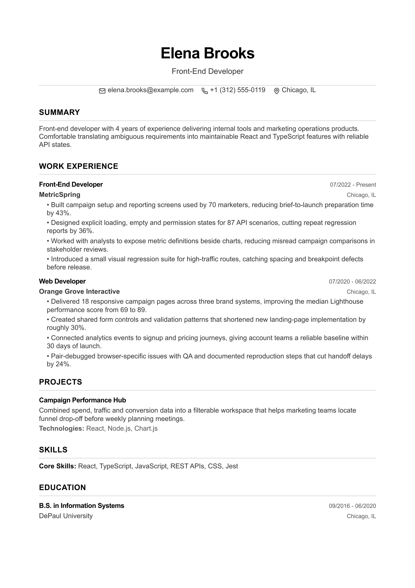 Front-End Developer Resume - English example