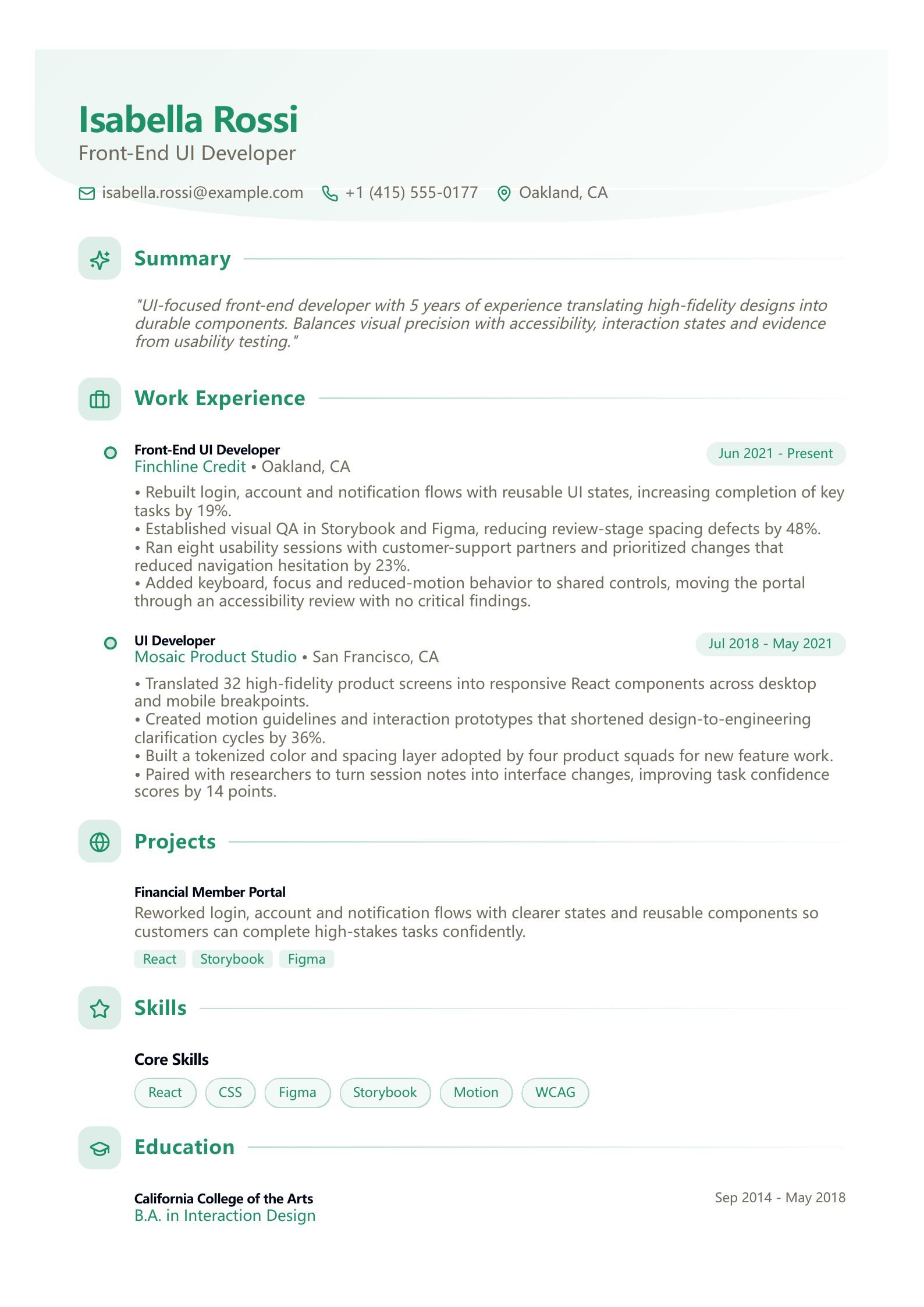 Front-End UI Developer Resume - English example