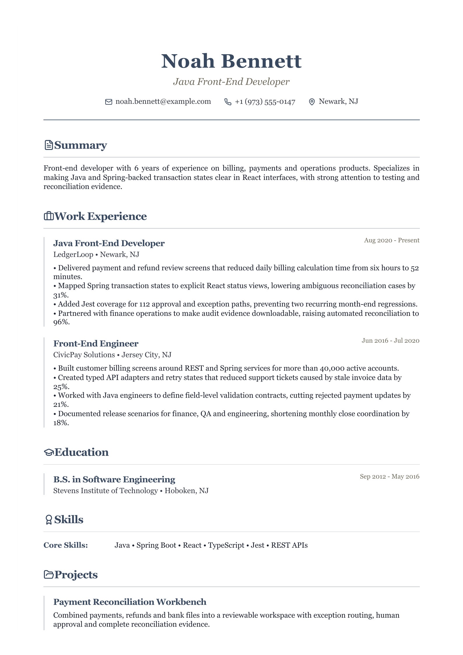 Java Front-End Developer Resume - English example