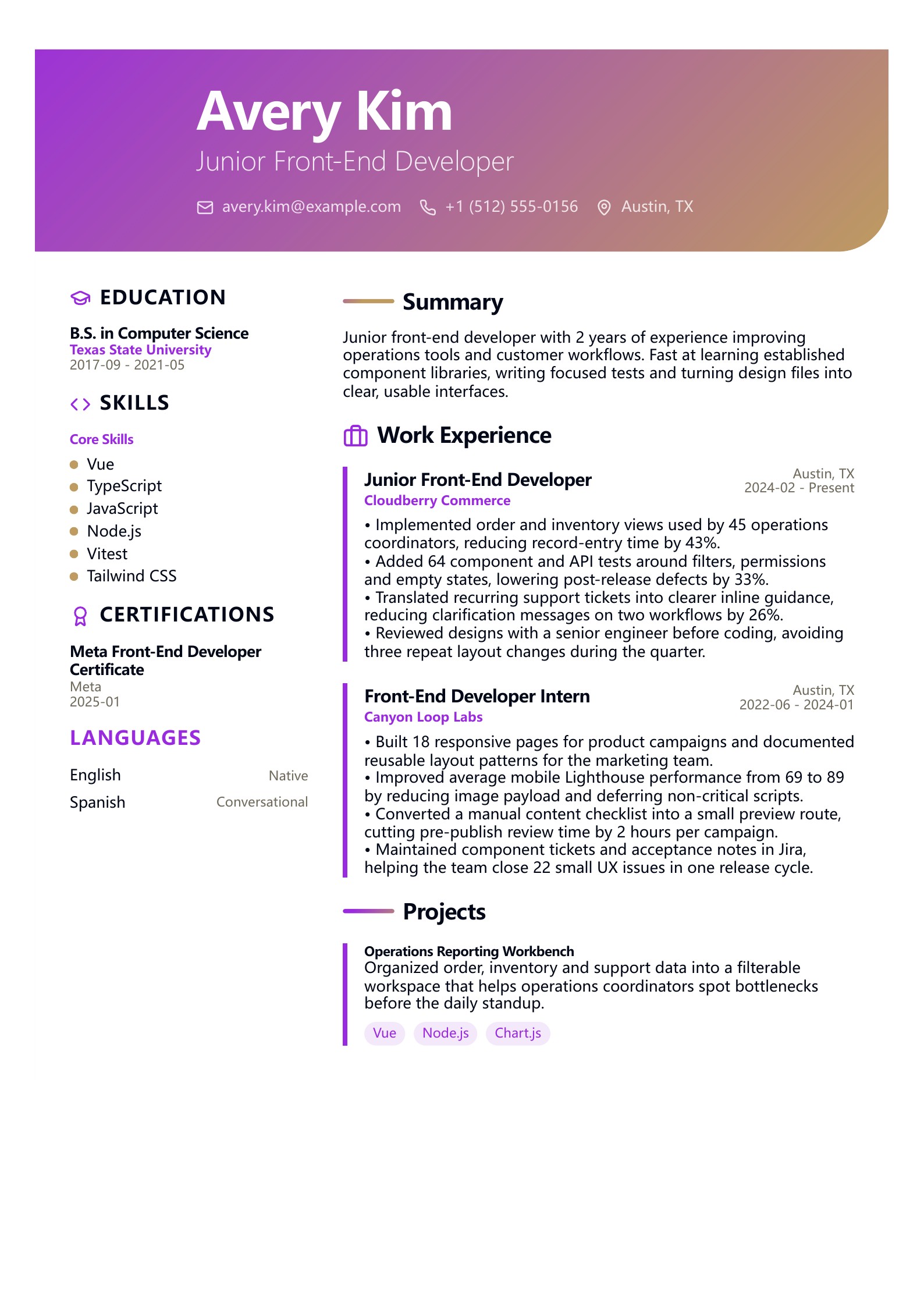 Junior Front-End Developer Resume - English example