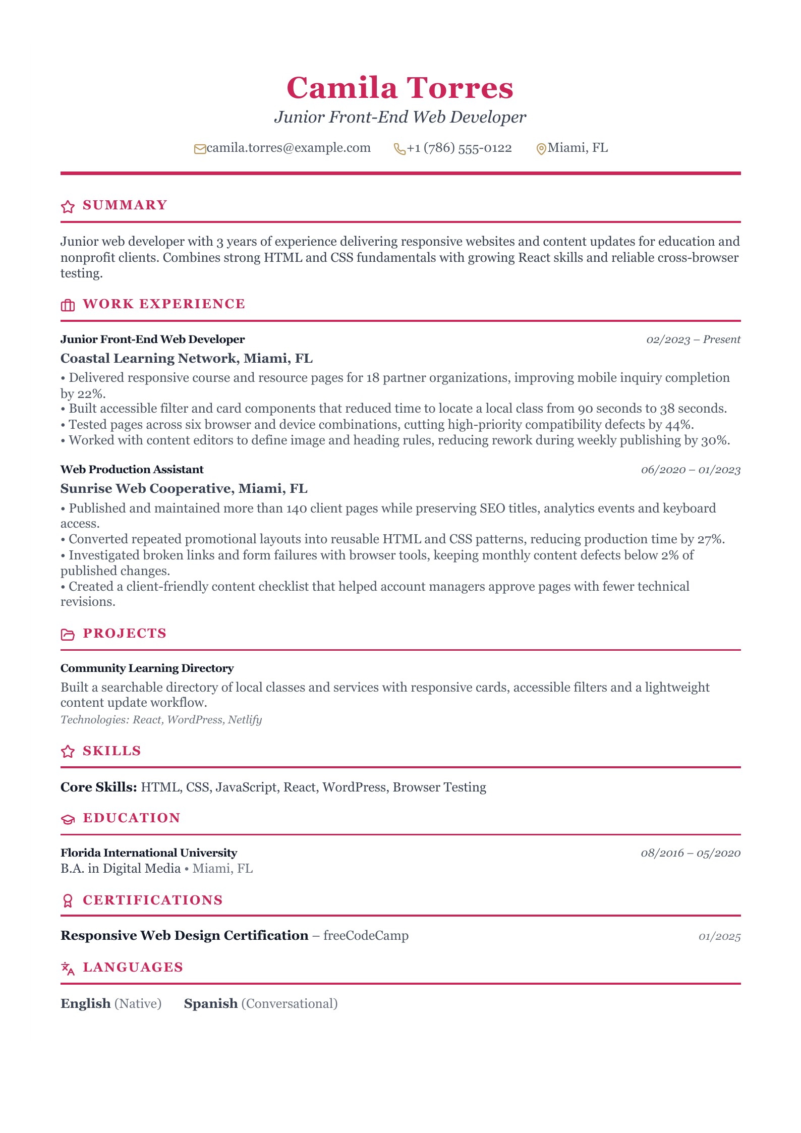 Junior Front-End Web Developer Resume - English example