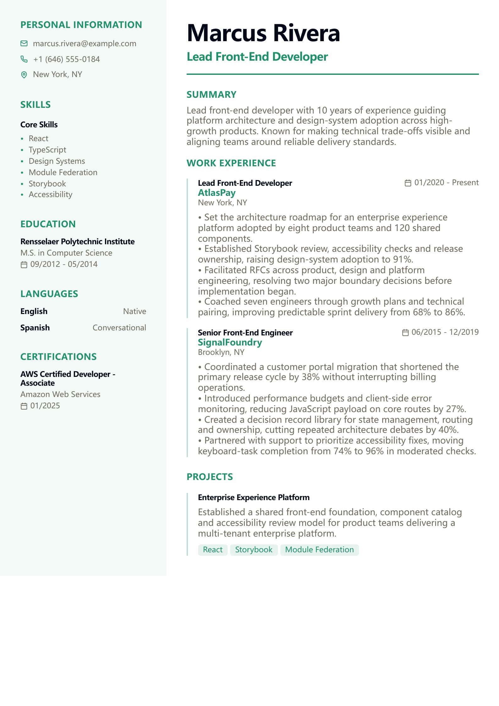 Lead Front-End Developer Resume - English example