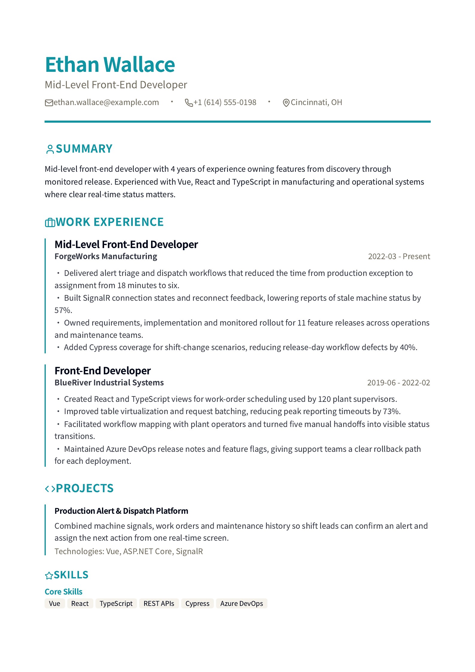 Mid-Level Front-End Developer Resume - English example