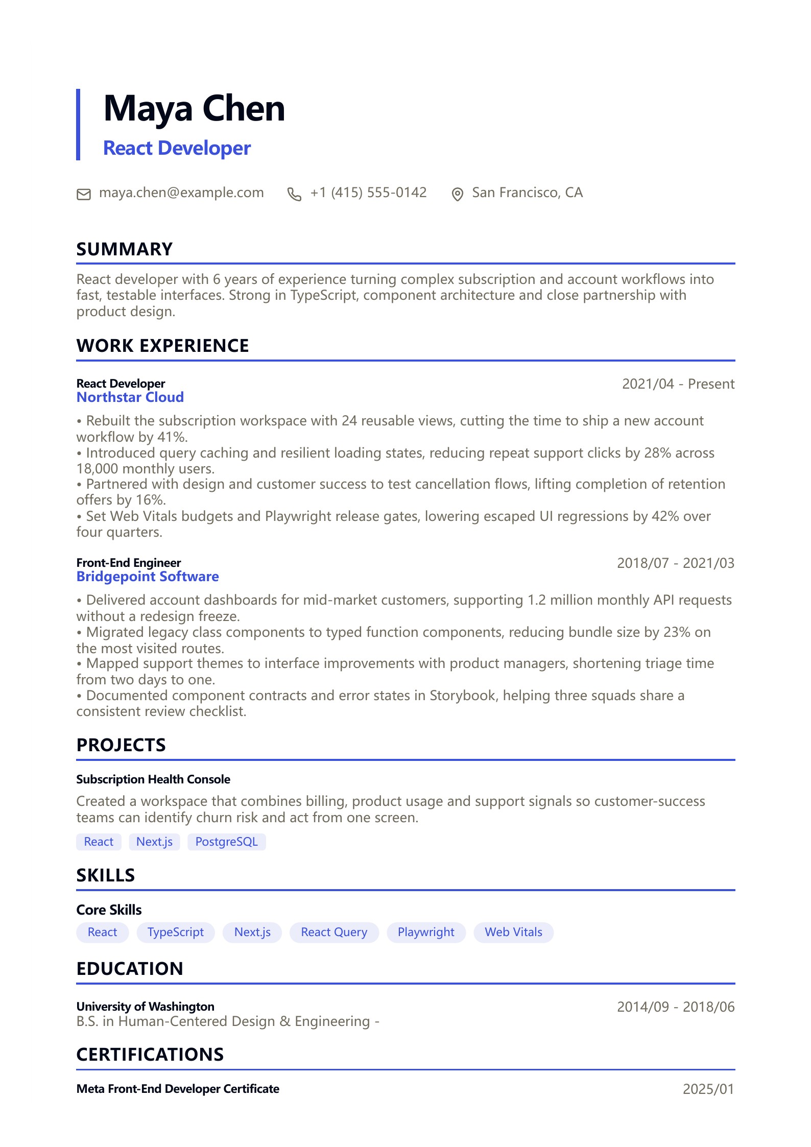React Developer Resume - English example