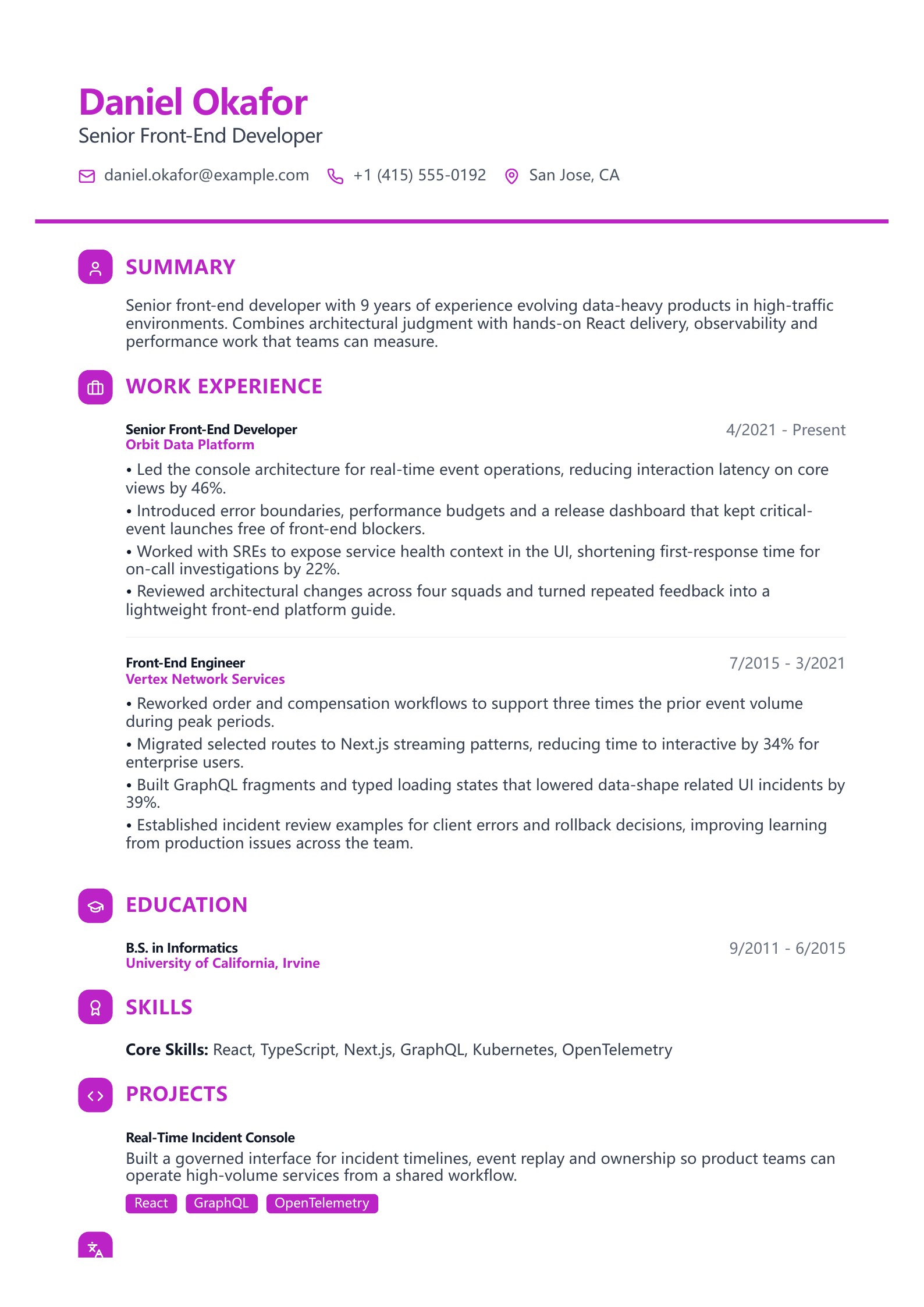 Senior Front-End Developer Resume - English example