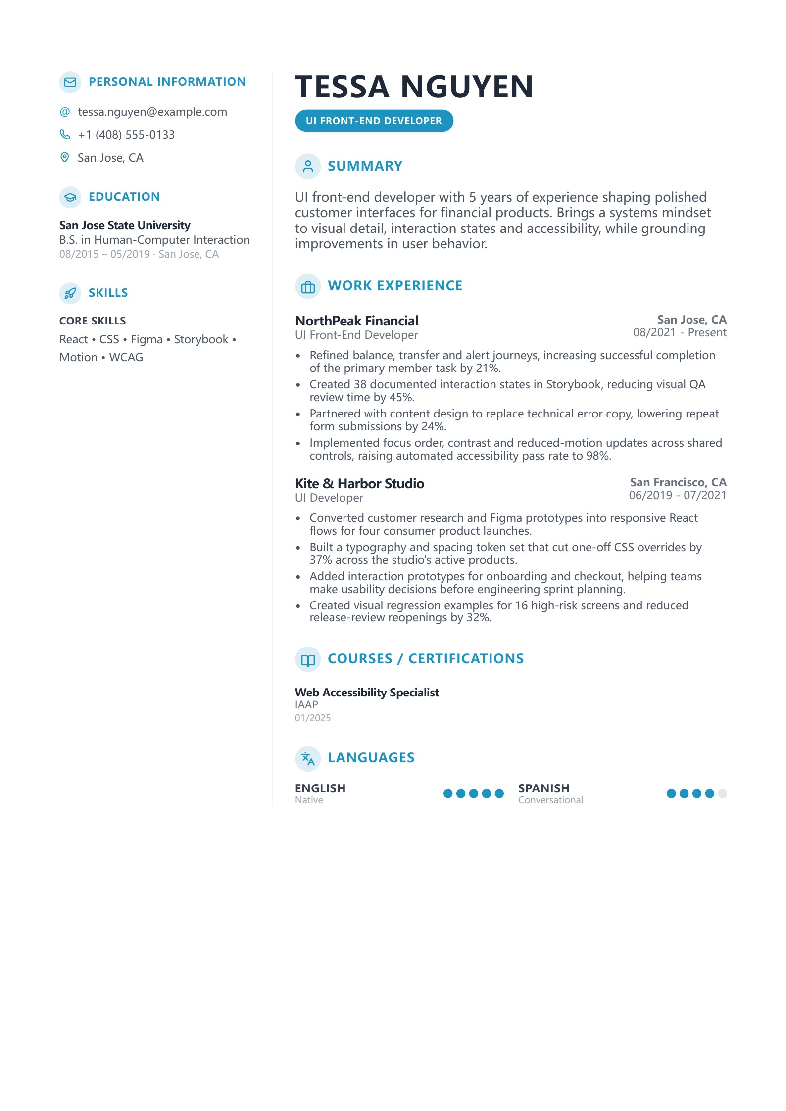 UI Front-End Developer Resume - English example