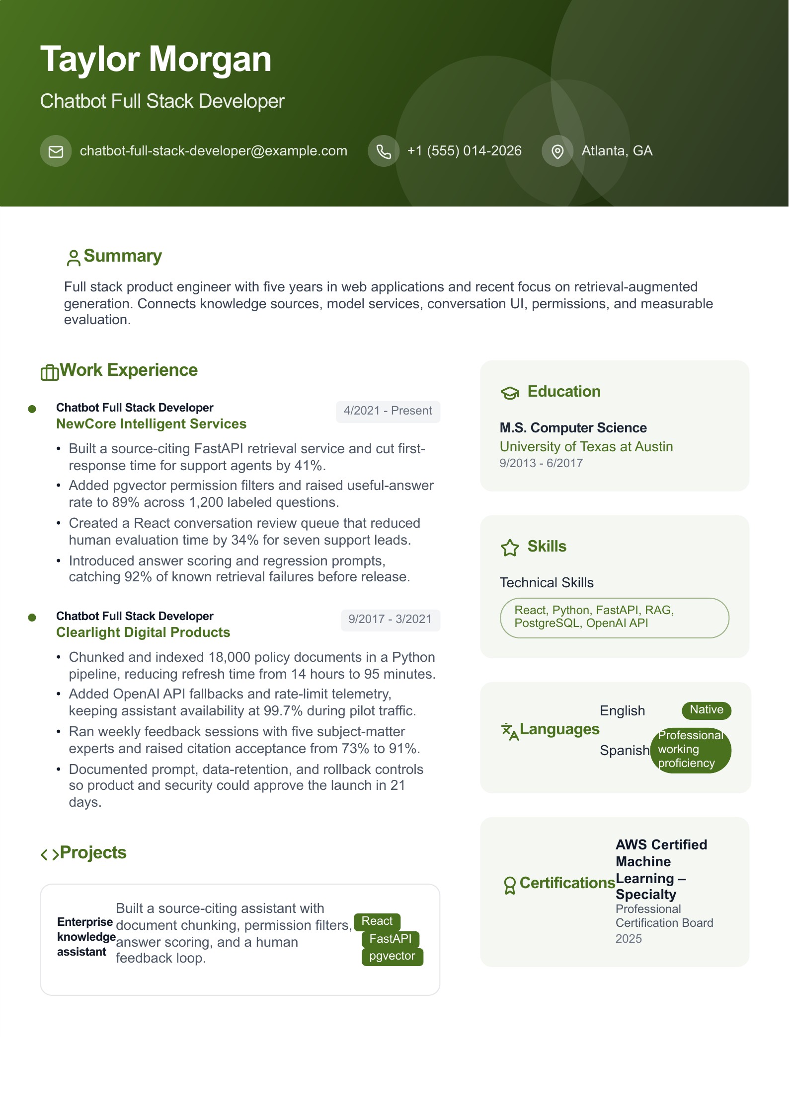 Chatbot Full Stack Developer Resume - English example