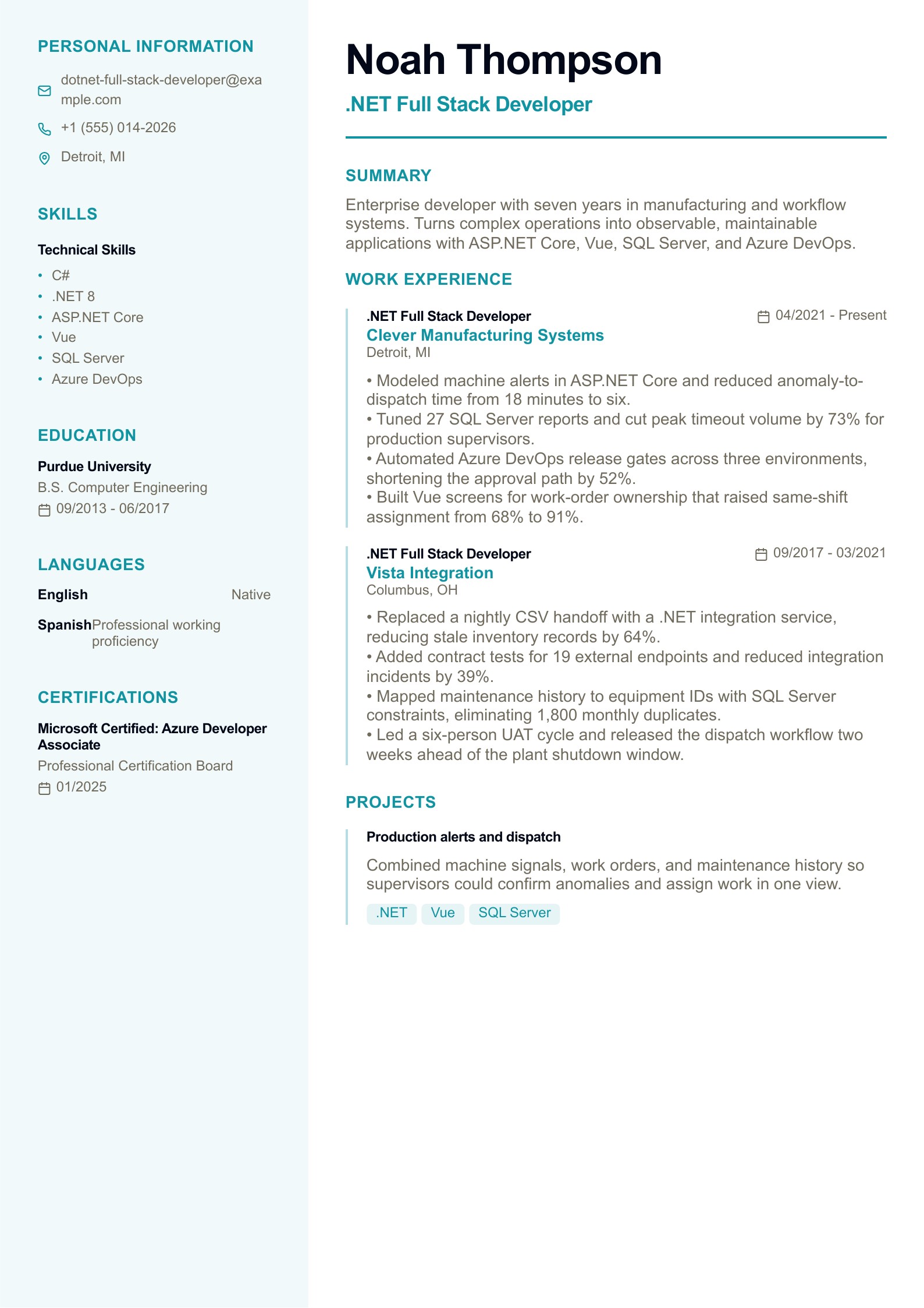 .NET Full Stack Developer Resume - English example