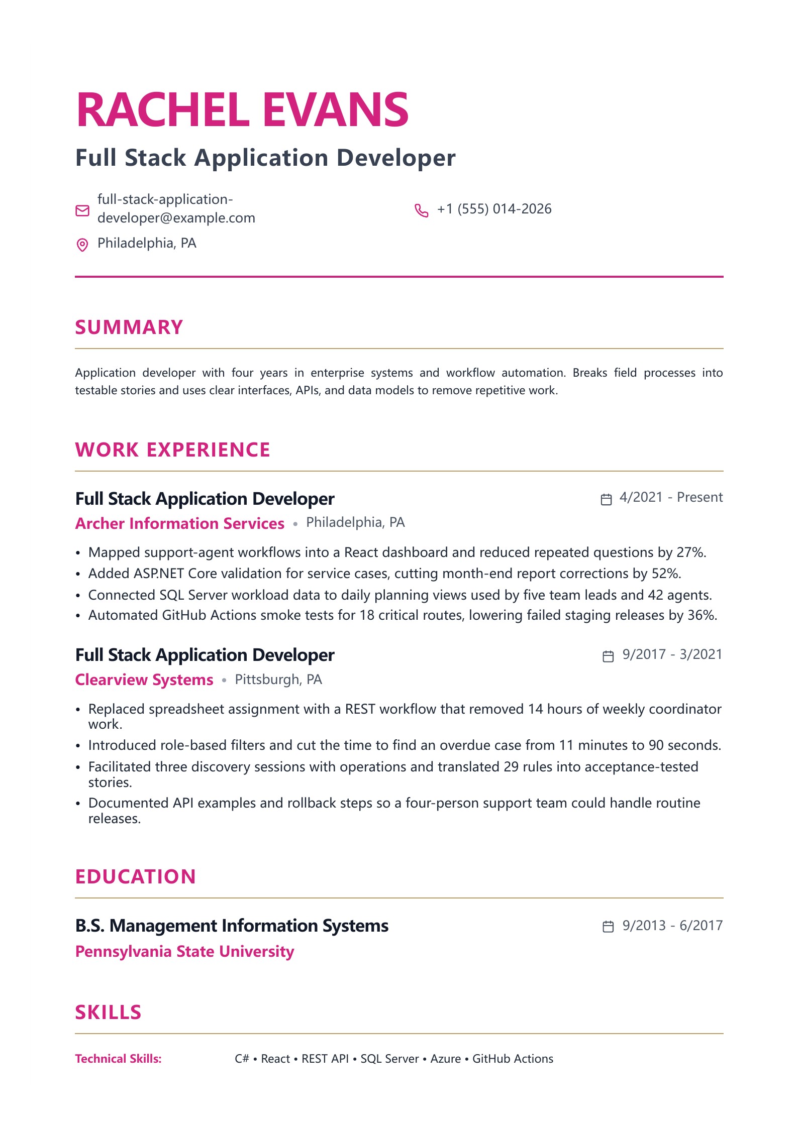 Full Stack Application Developer Resume - English example