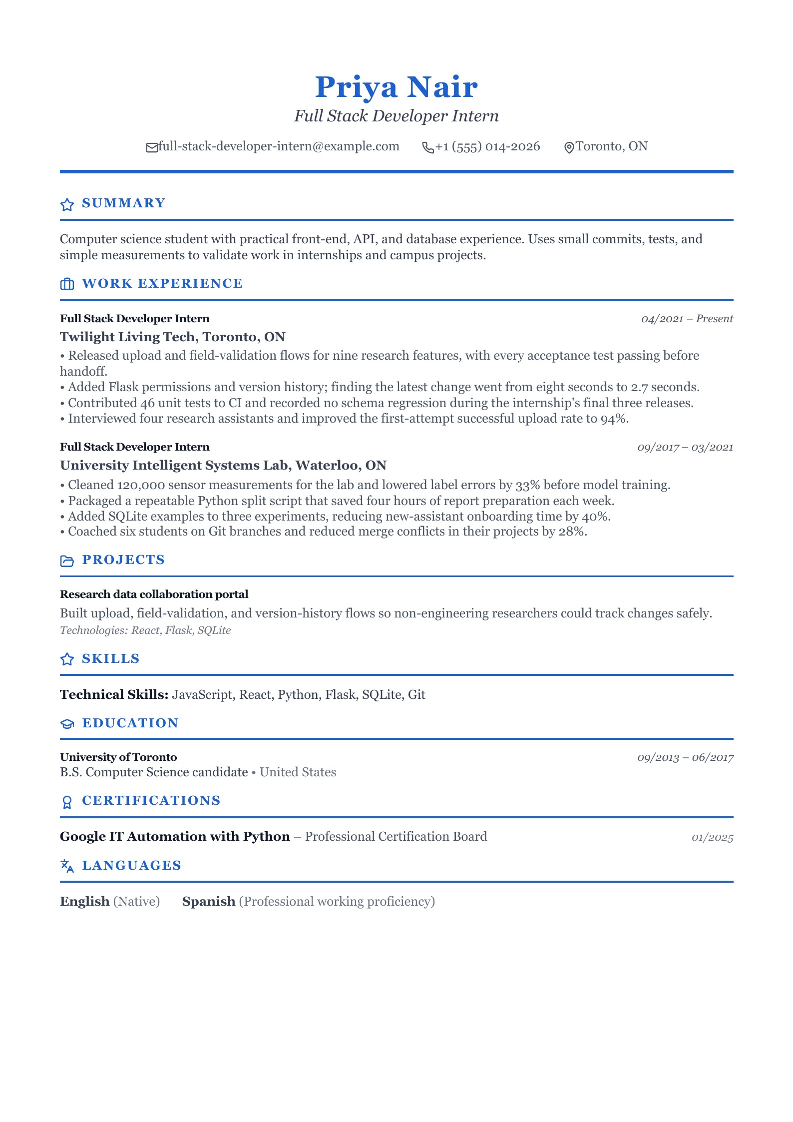 Full Stack Developer Intern Resume - English example