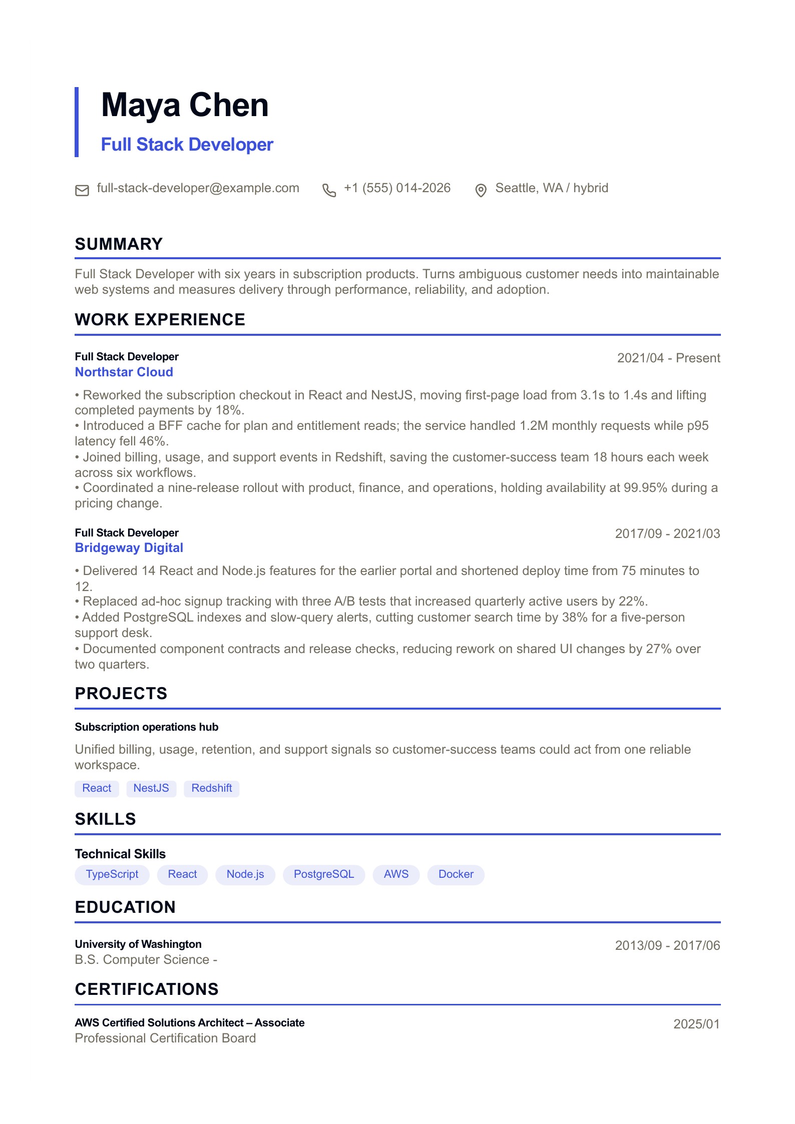 Full Stack Developer Resume - English example