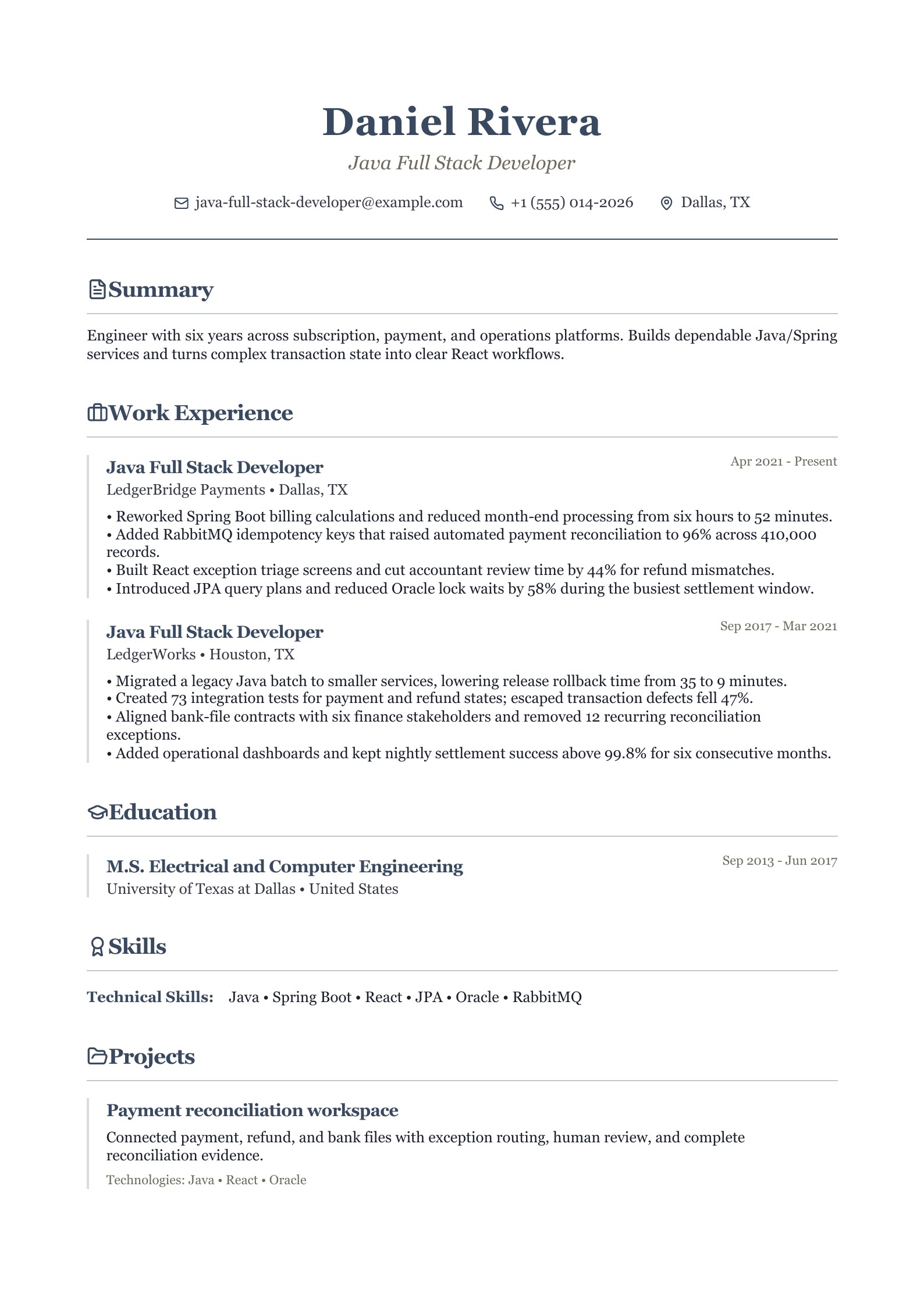 Java Full Stack Developer Resume - English example