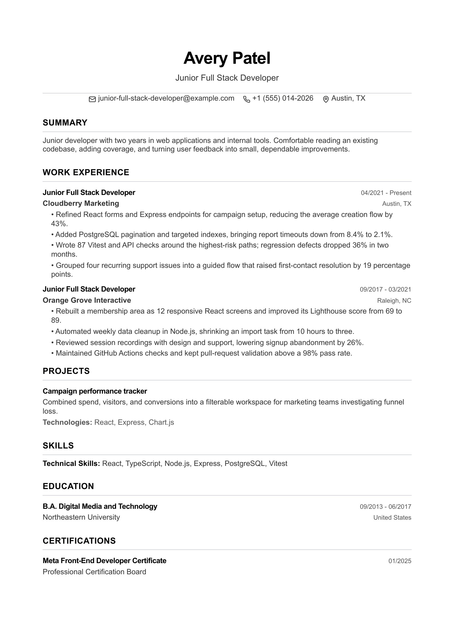 Junior Full Stack Developer Resume - English example