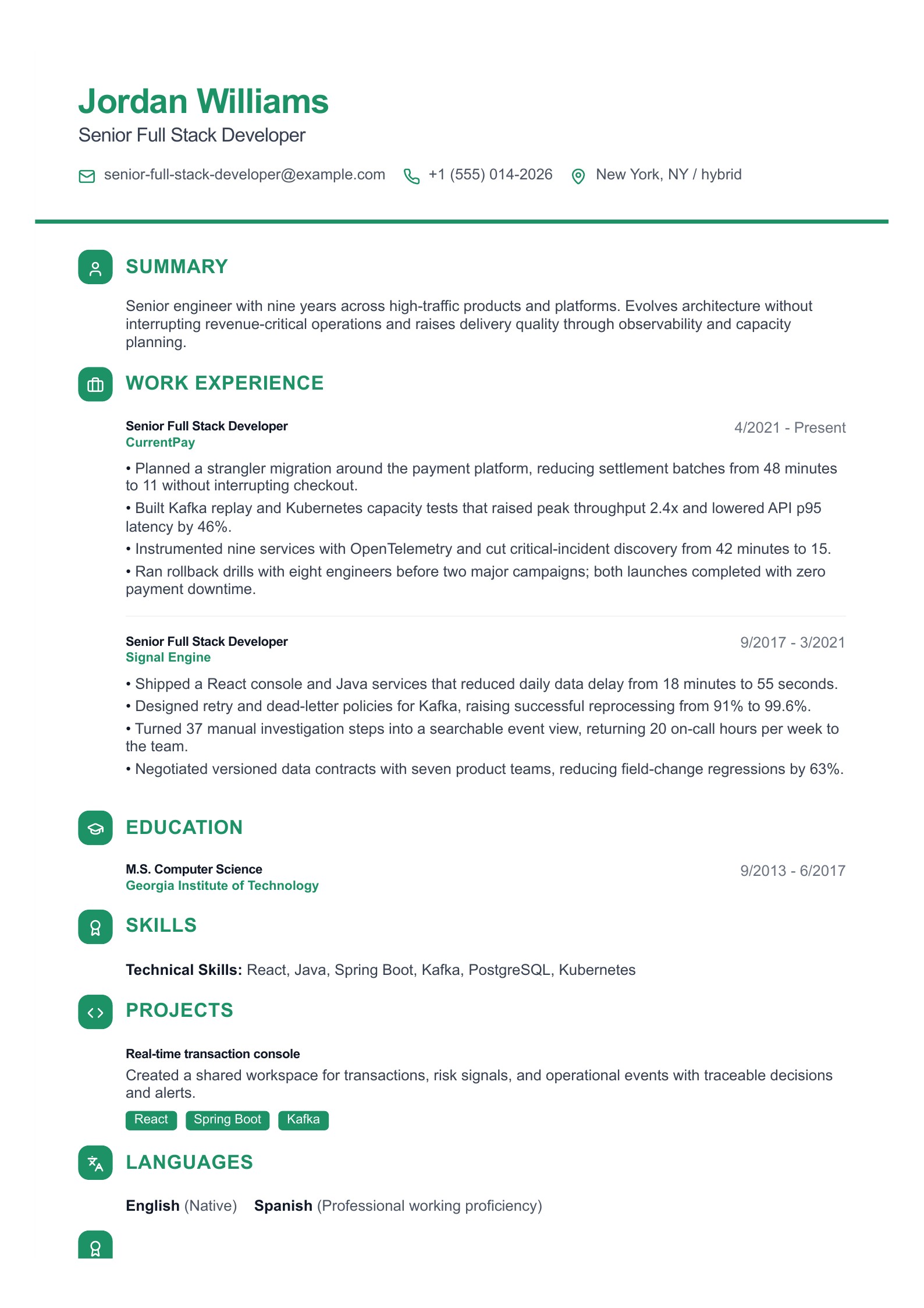 Senior Full Stack Developer Resume - English example