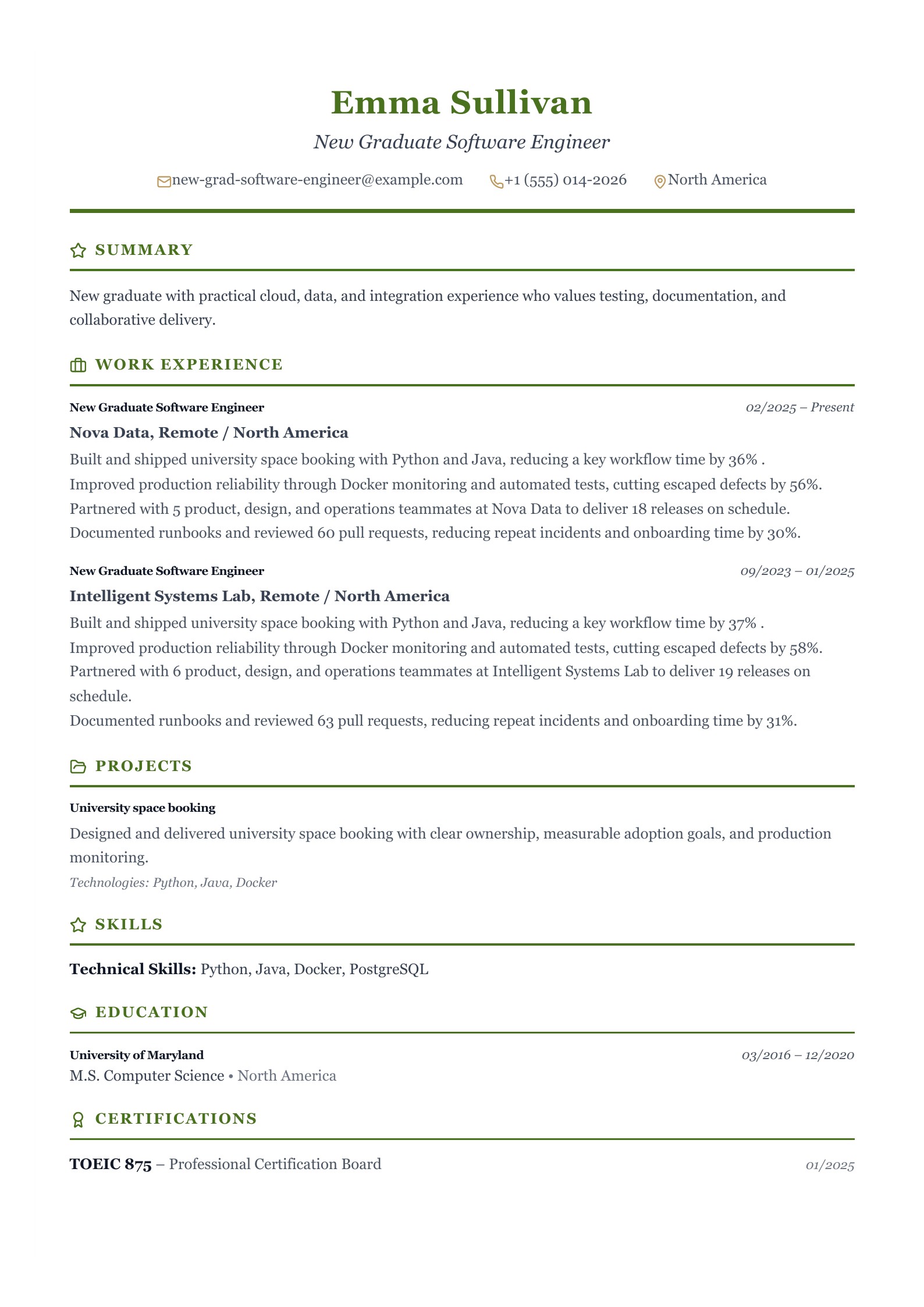 Example: New Graduate Software Engineer Resume