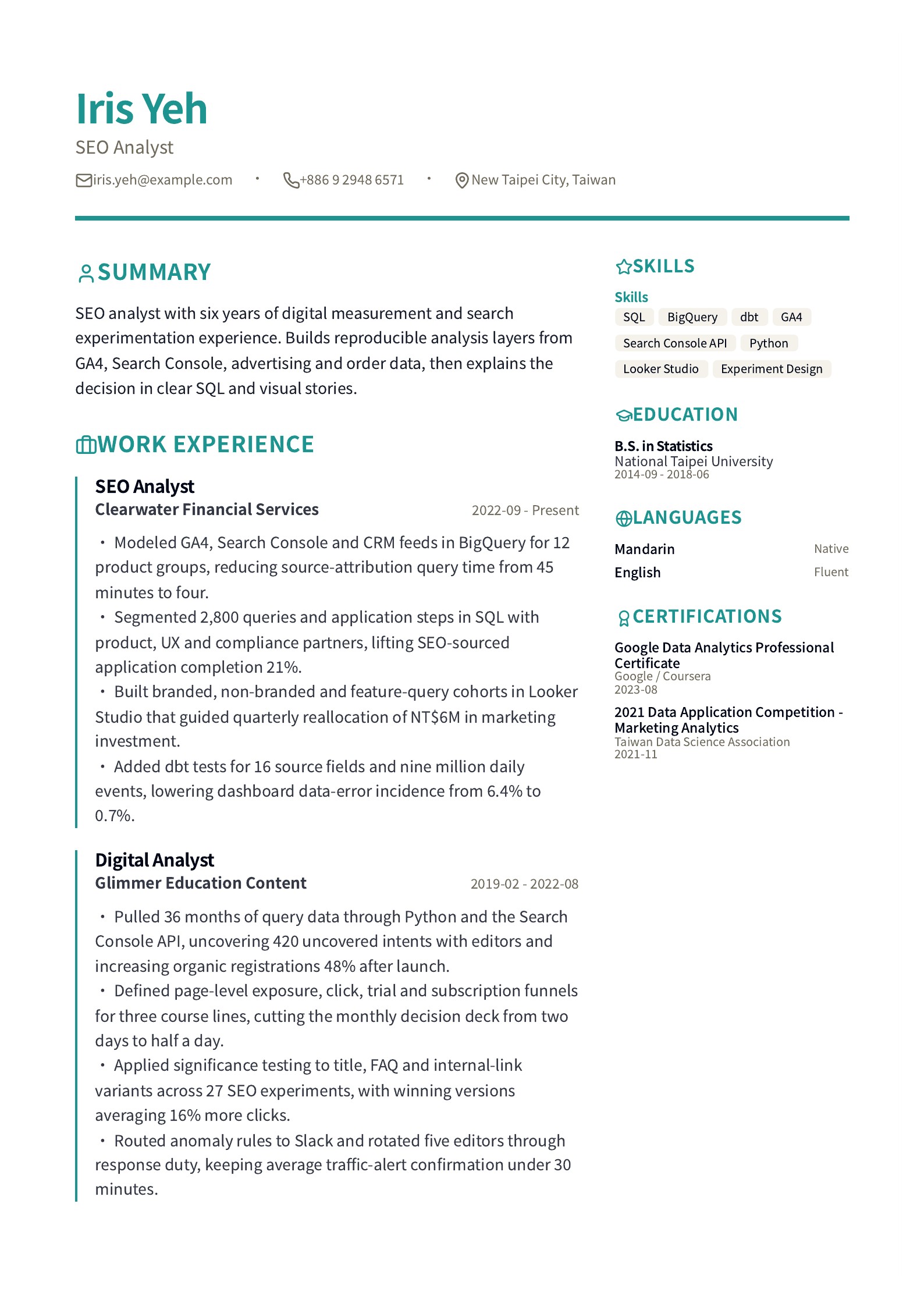 SEO Resume Examples with free PDF templates resume example preview