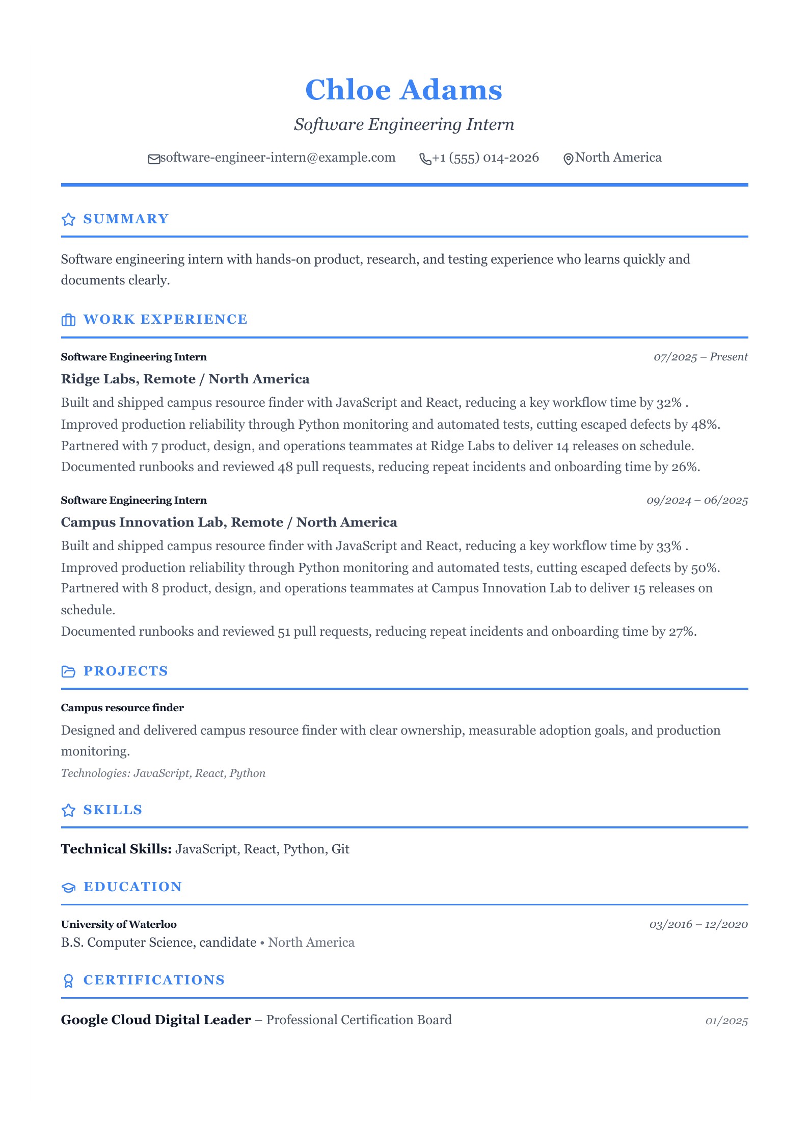 Example: Software Engineering Intern Resume