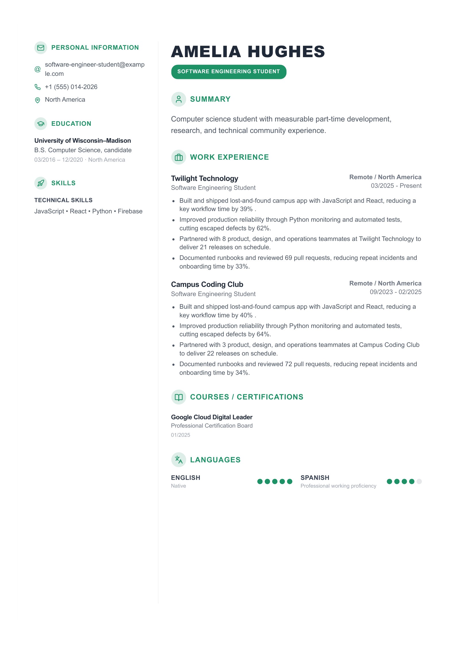 Example: Software Engineering Student Resume