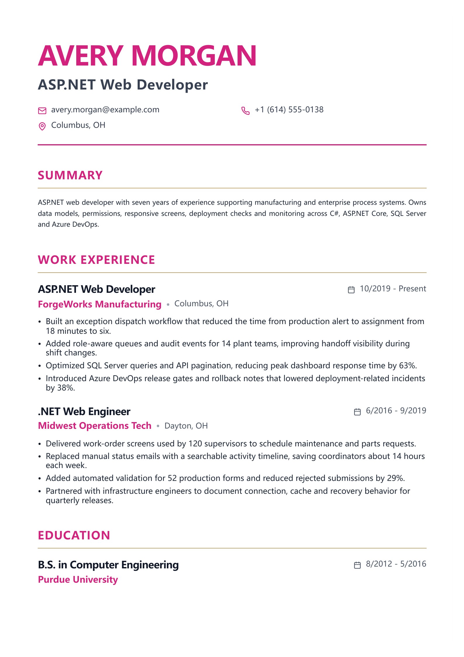 ASP.NET Web Developer Resume - English example