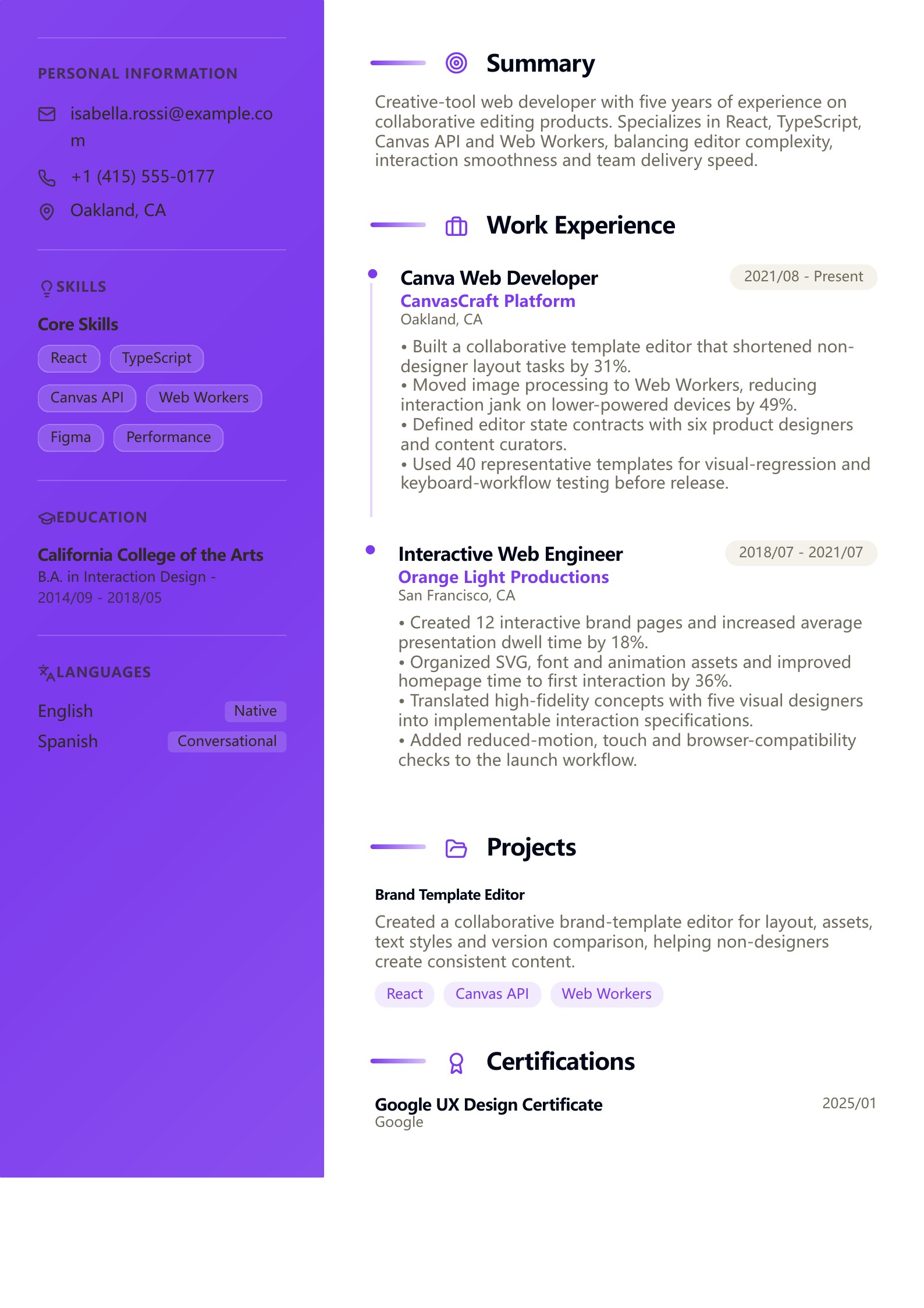 Canva Web Developer Resume - English example