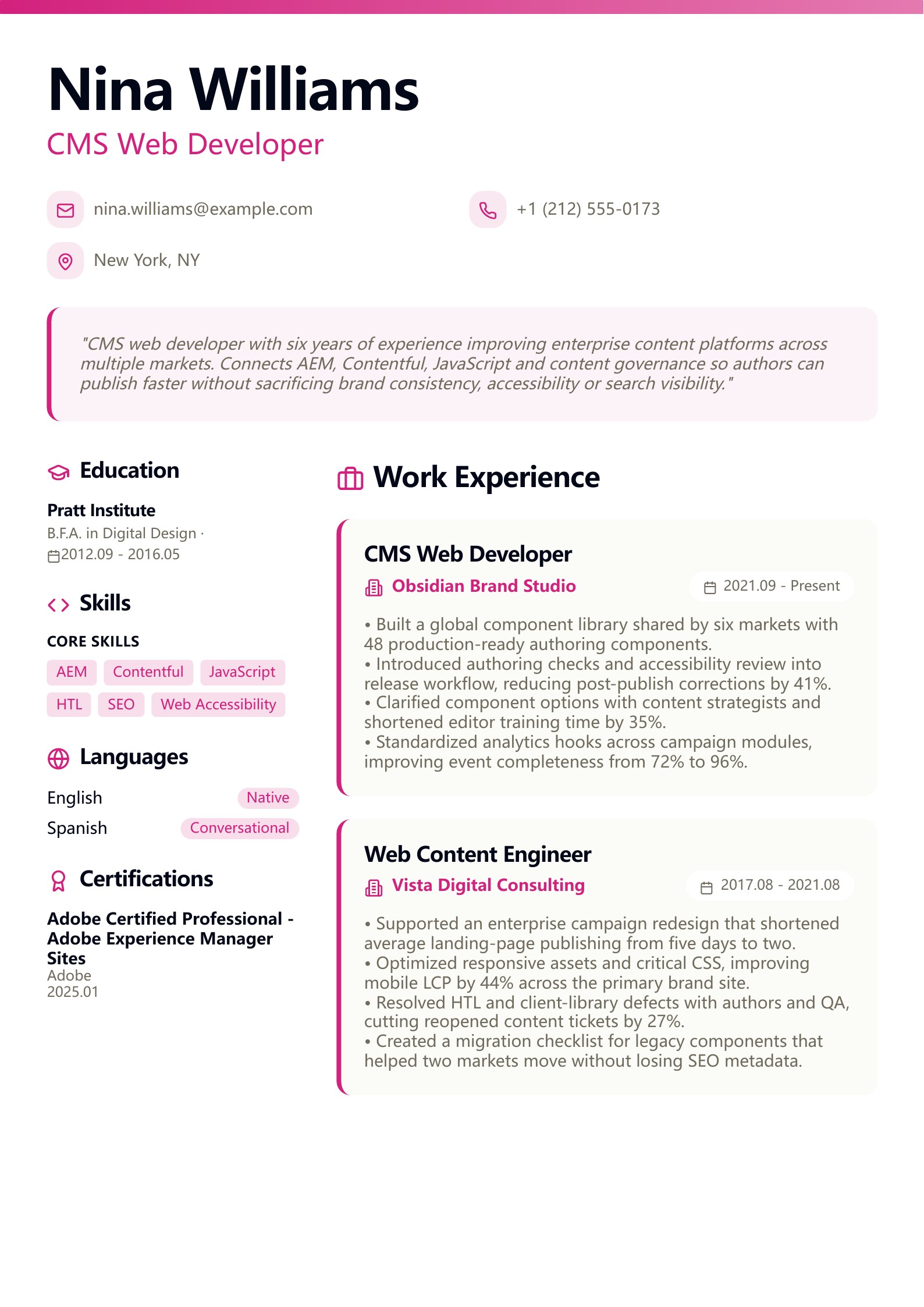 CMS Web Developer Resume - English example