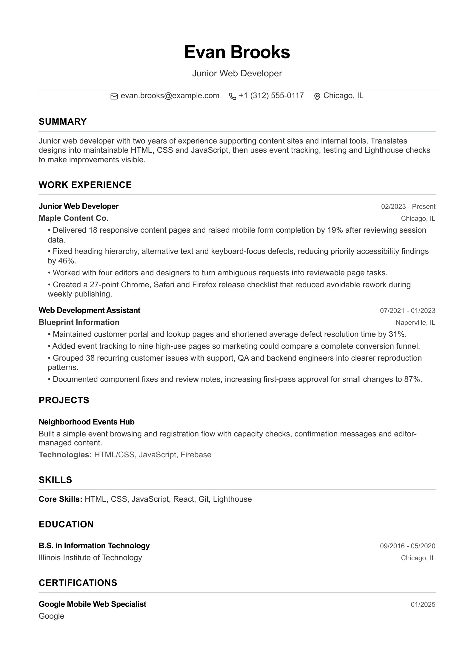 Junior Web Developer Resume - English example