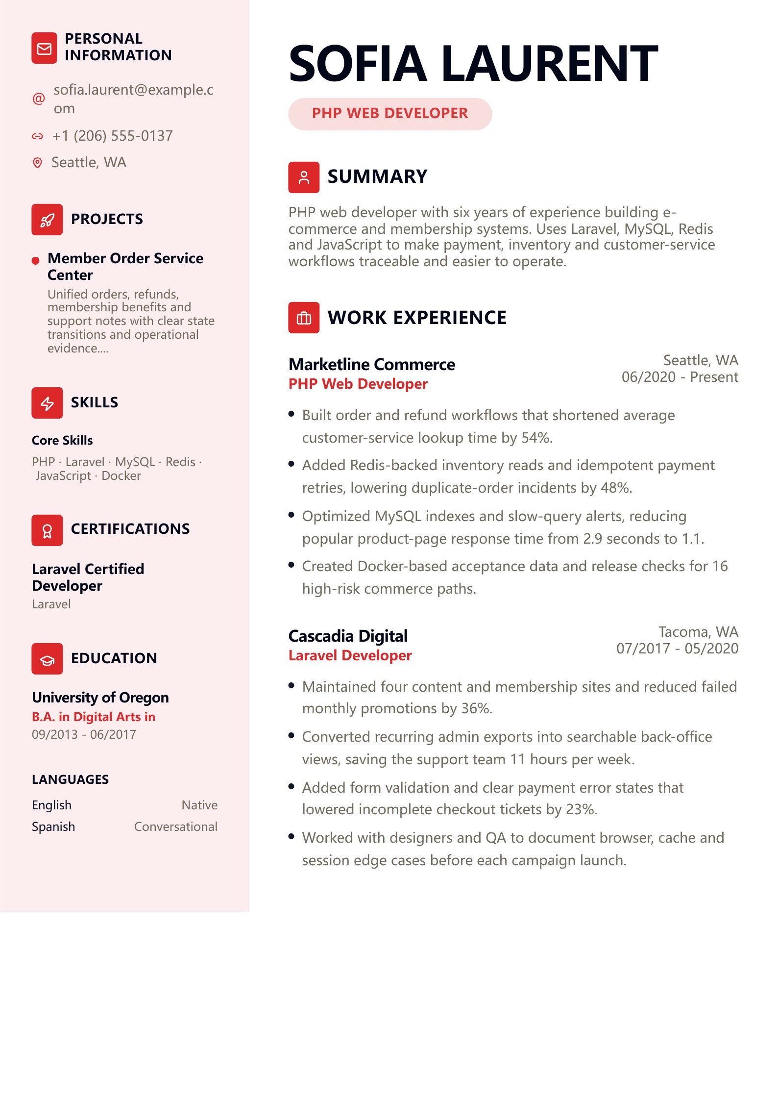 PHP Web Developer Resume - English example