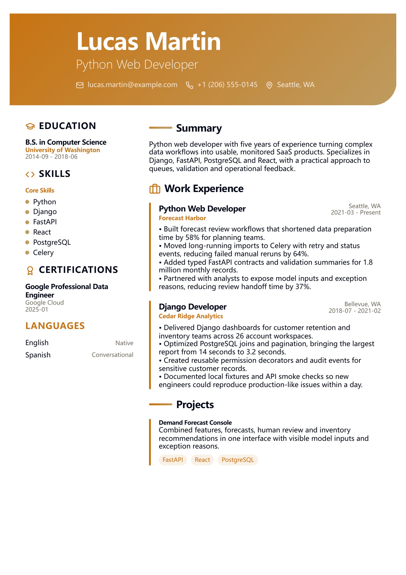 Python Web Developer Resume - English example