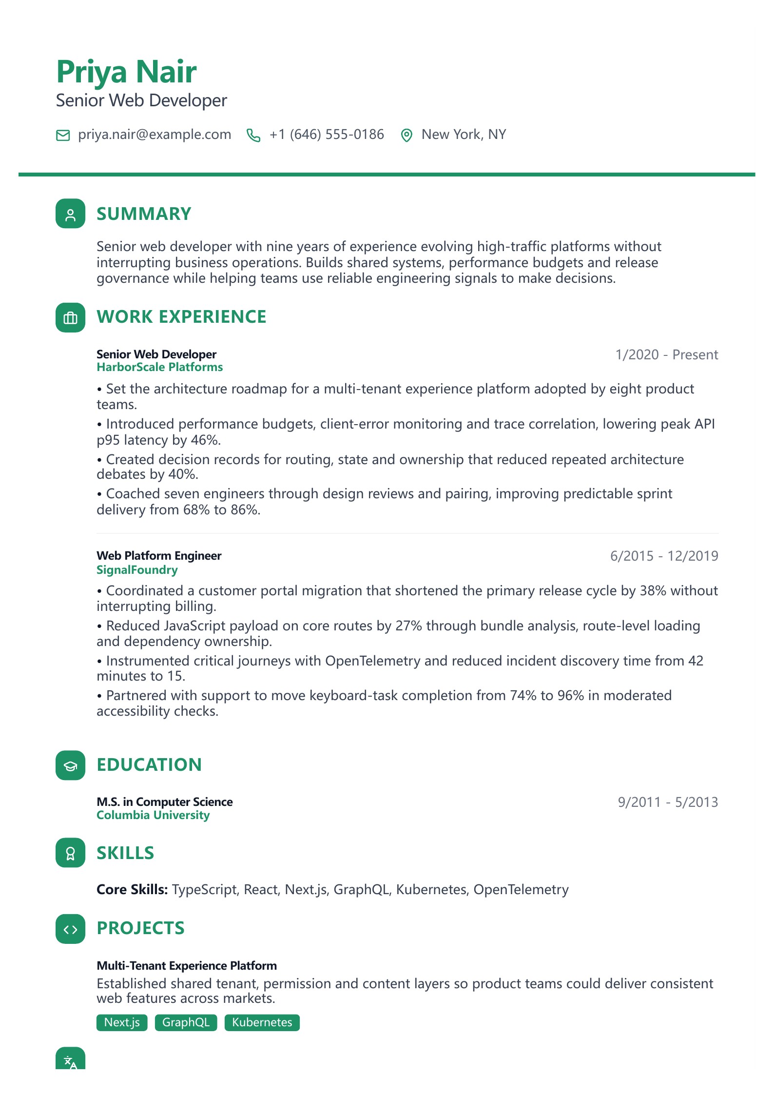 Senior Web Developer Resume - English example