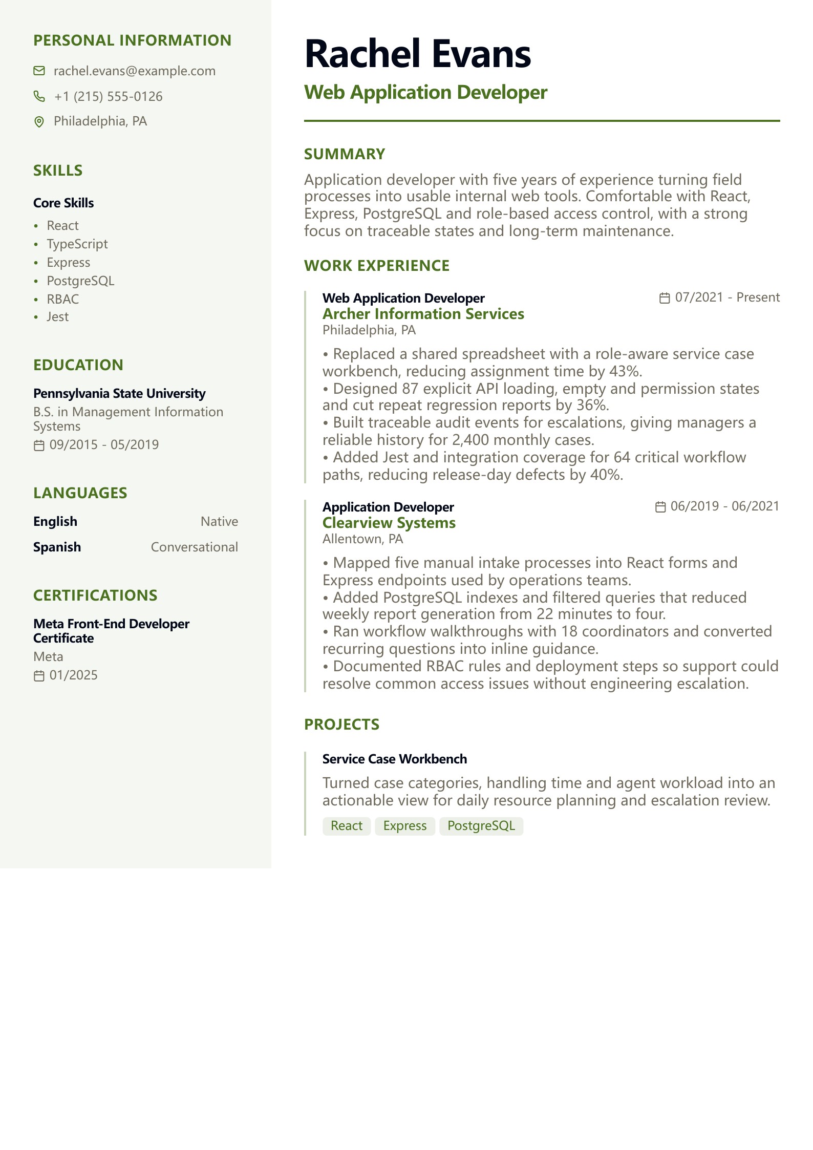 Web Application Developer Resume - English example