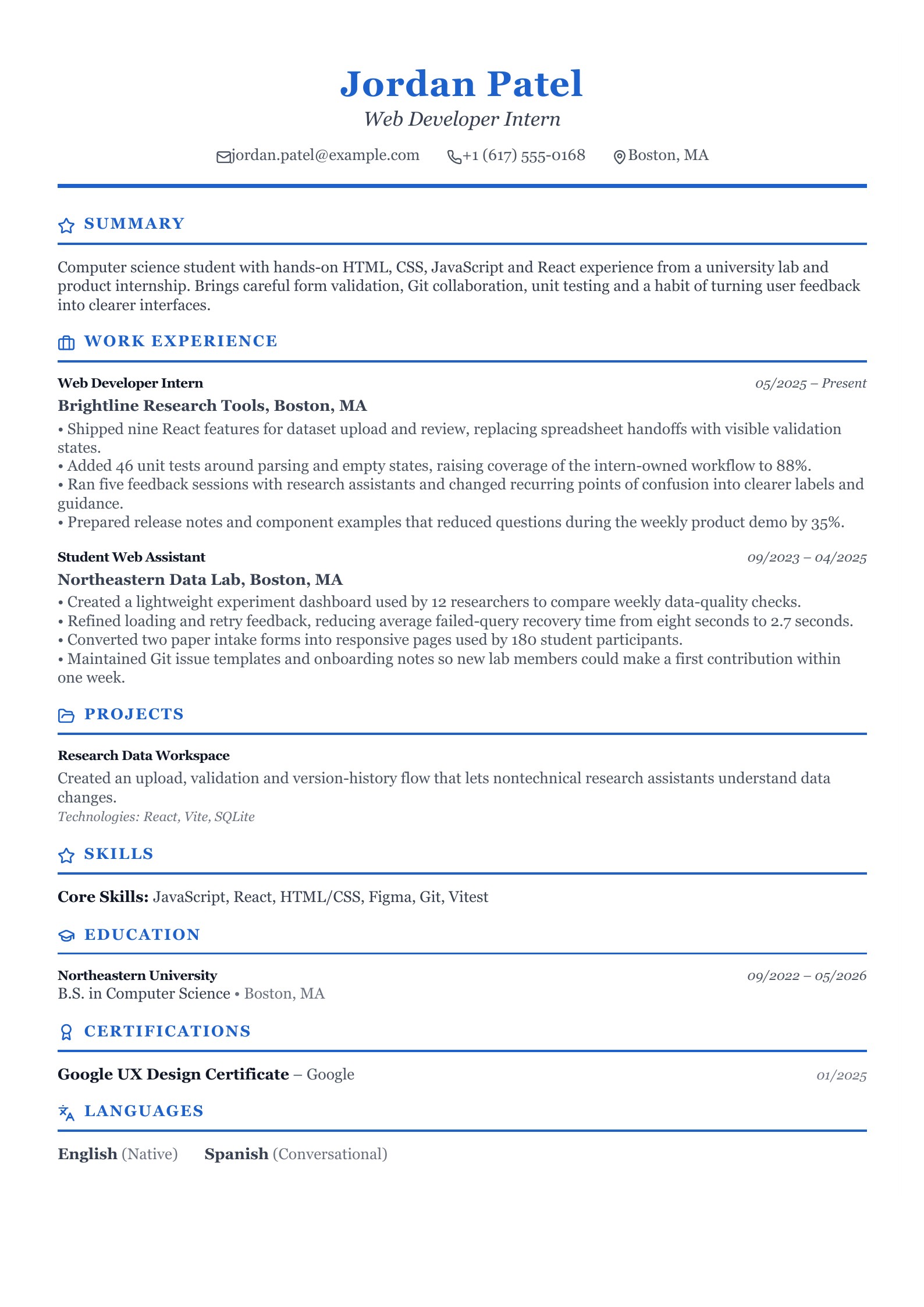 Web Developer Intern Resume - English example